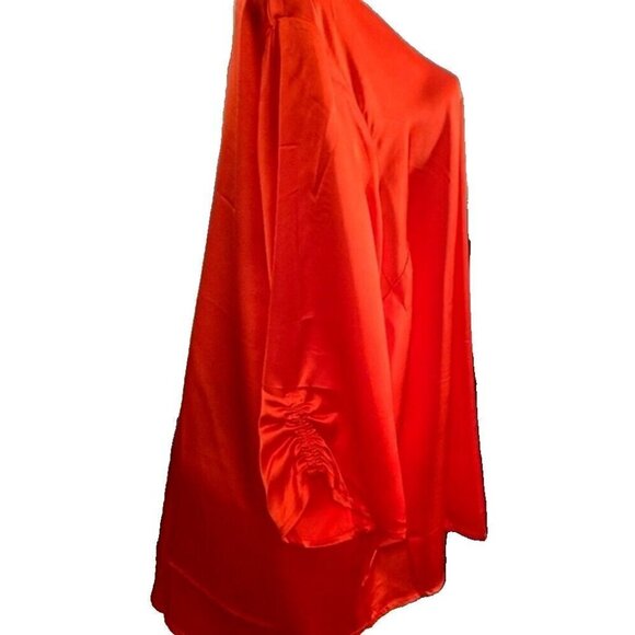 Jessica London Plus 18W Fire Red Satin V-Neckline 3/4 Ruched Sleeve Blouse - Picture 4 of 7